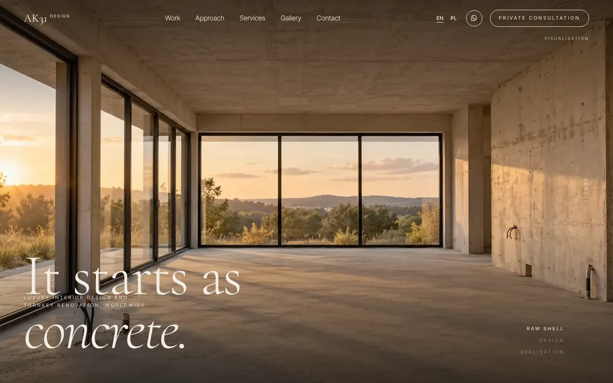 ak31.design: interior design studio homepage with large photography